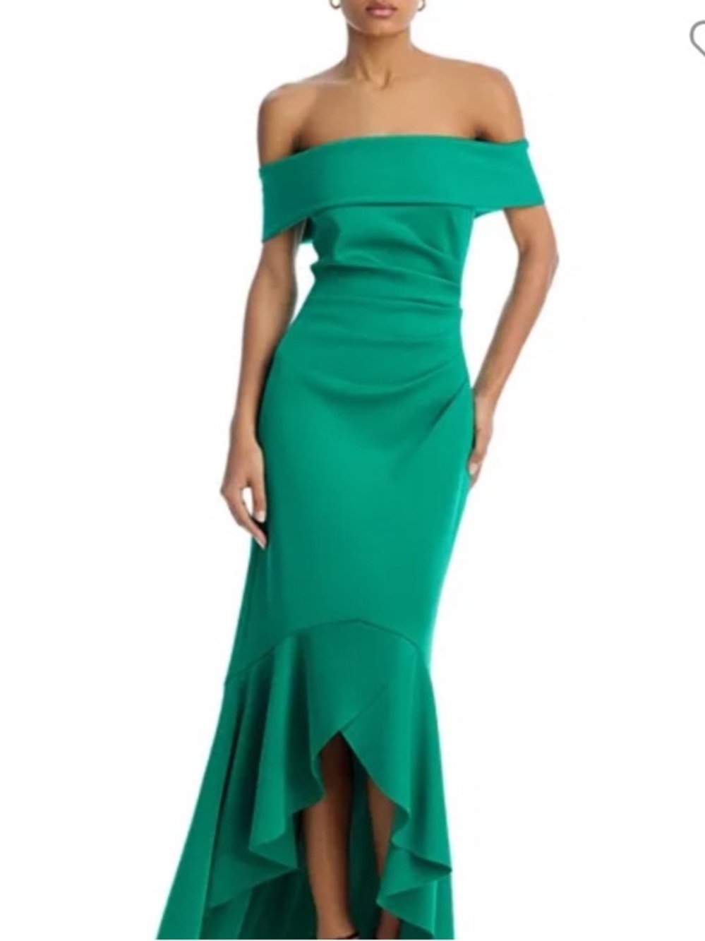 NWT Eliza J emerald green off shoulder ruched, ruffle ,flair  hem Gown size 14